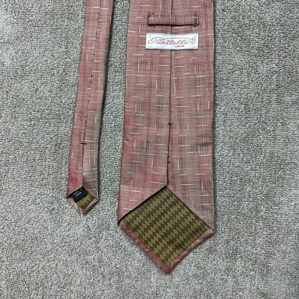 Piattelli Uomo Silk Tie Mens Burgundy Cream Textured Grid Pattern Made in USA